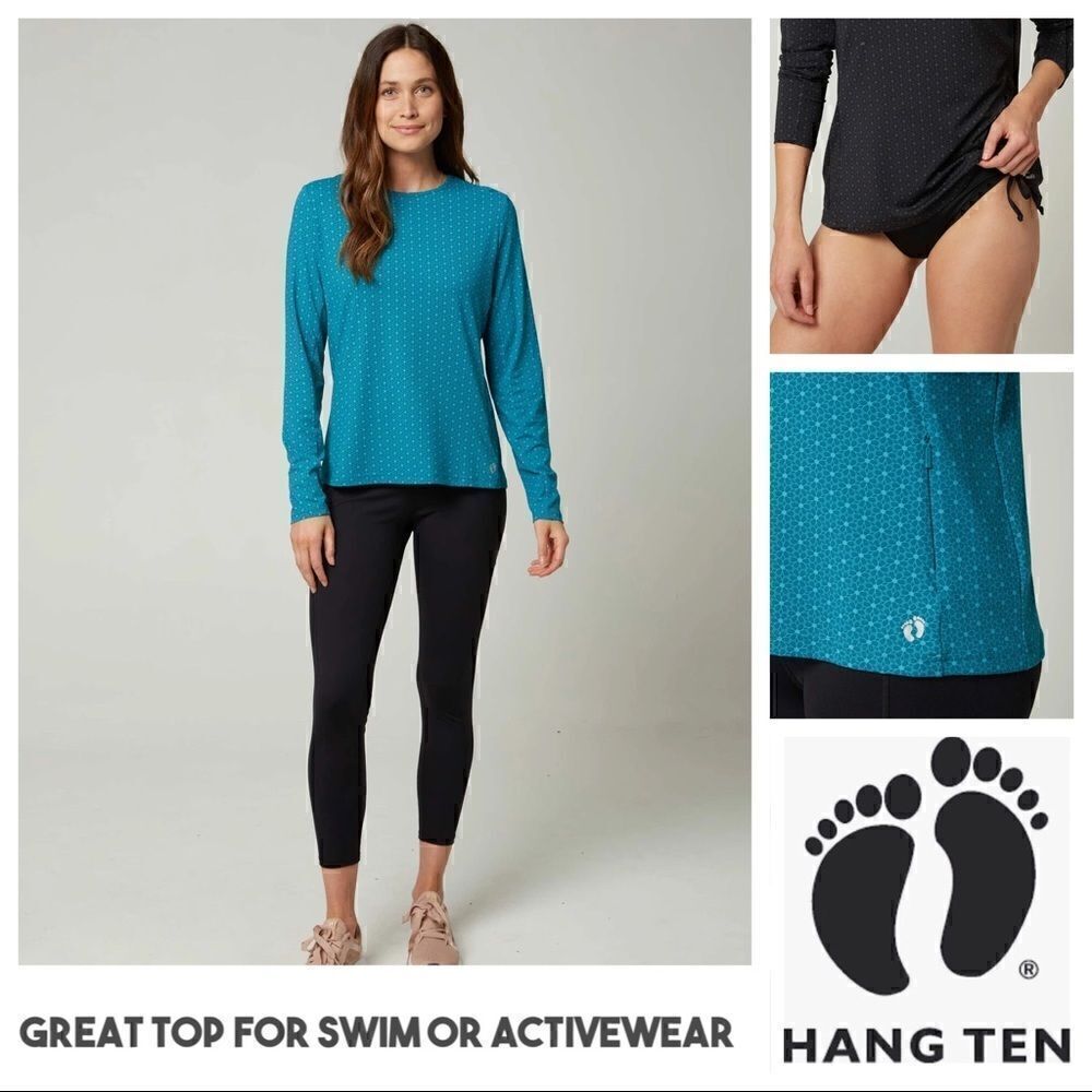 HANG TEN Ladies Long Sleeve Rash Guard Swim Shirt Zip Side Pocket and UP…